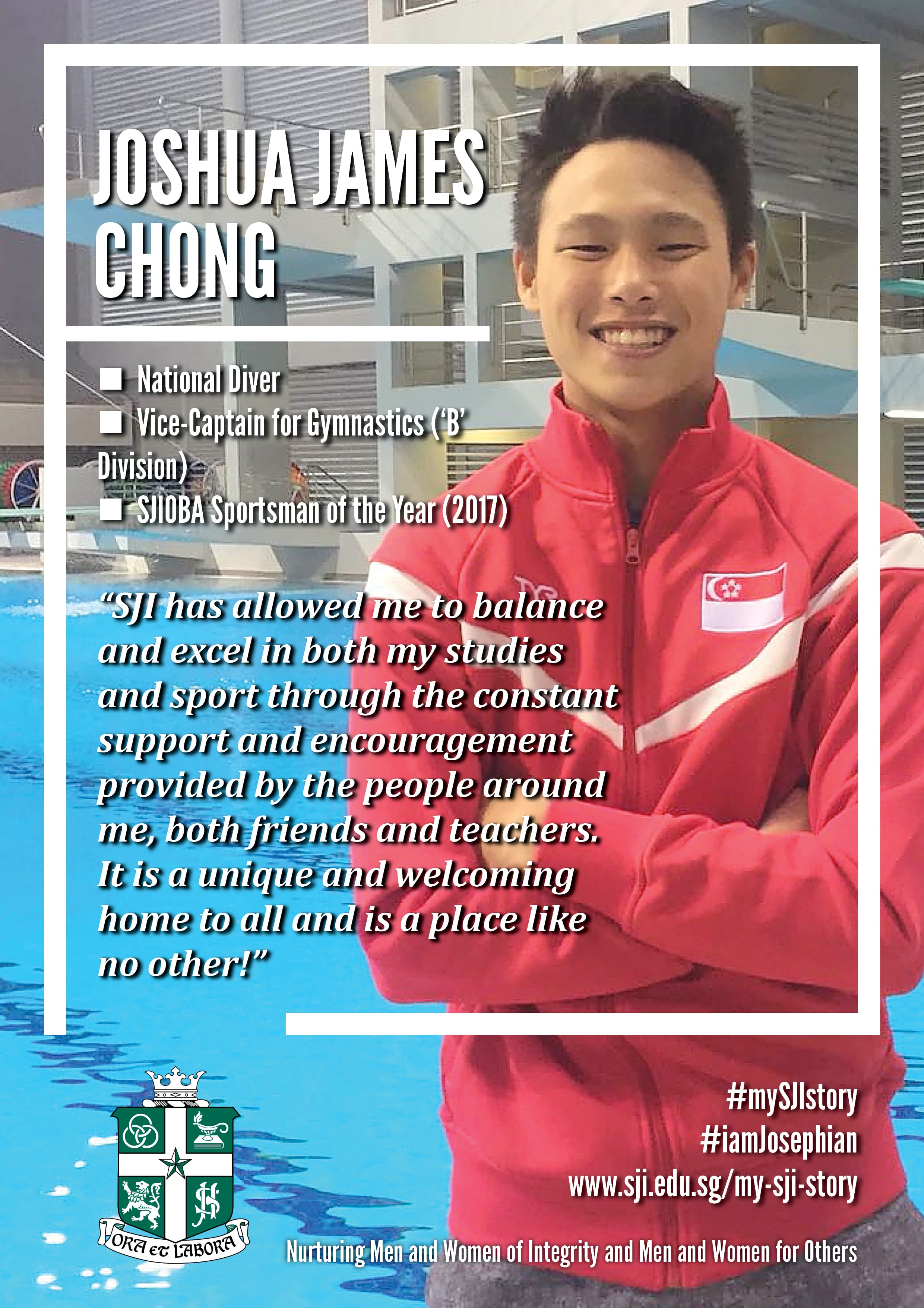 Smiling man in red jacket by an indoor pool; text highlights Joshua James Chong and his achievements.